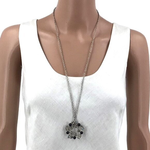 Wreath Pendant Necklace Black Beaded AB Crystal 29 Inch Length - Picture 1 of 2